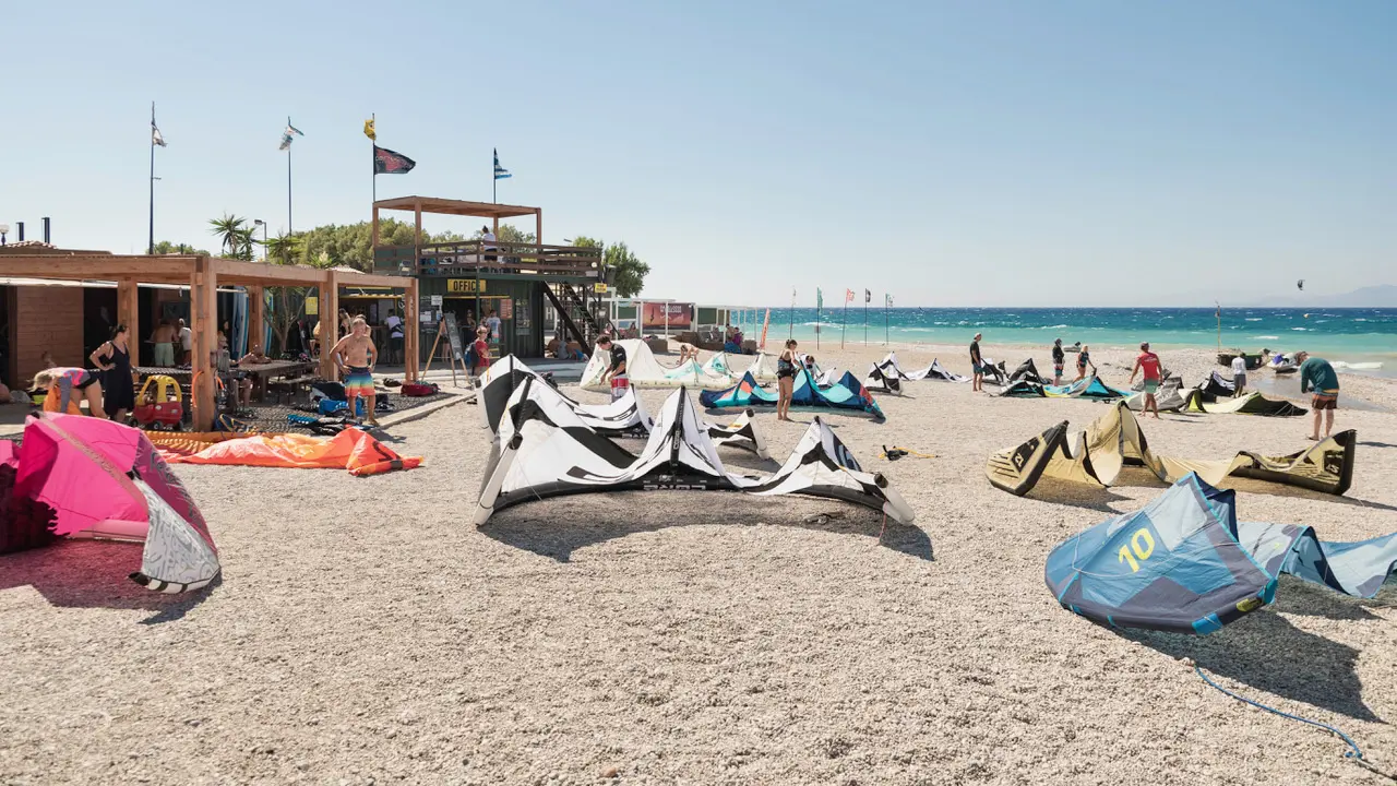 Kite-surfers launching from the beach in Theologos